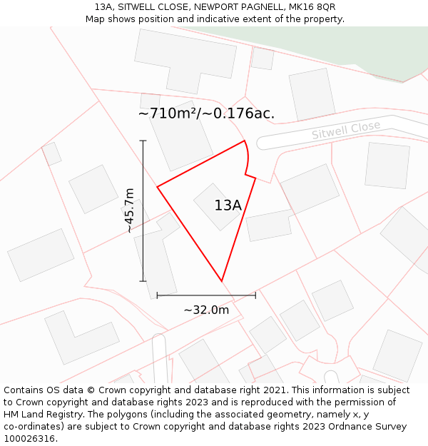 13A, SITWELL CLOSE, NEWPORT PAGNELL, MK16 8QR: Plot and title map