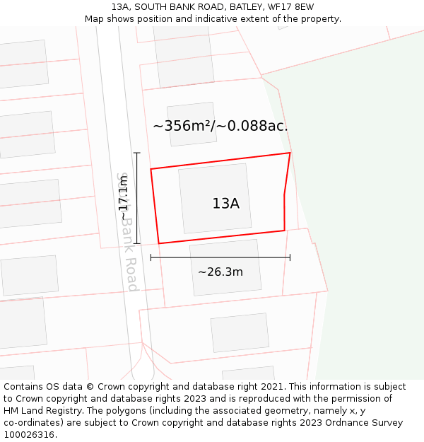 13A, SOUTH BANK ROAD, BATLEY, WF17 8EW: Plot and title map