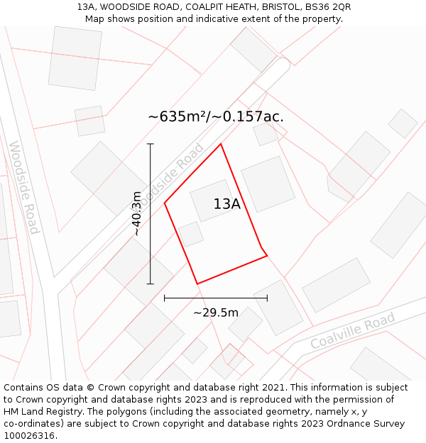 13A, WOODSIDE ROAD, COALPIT HEATH, BRISTOL, BS36 2QR: Plot and title map