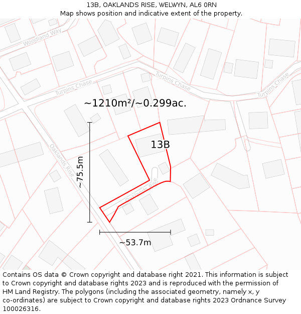 13B, OAKLANDS RISE, WELWYN, AL6 0RN: Plot and title map