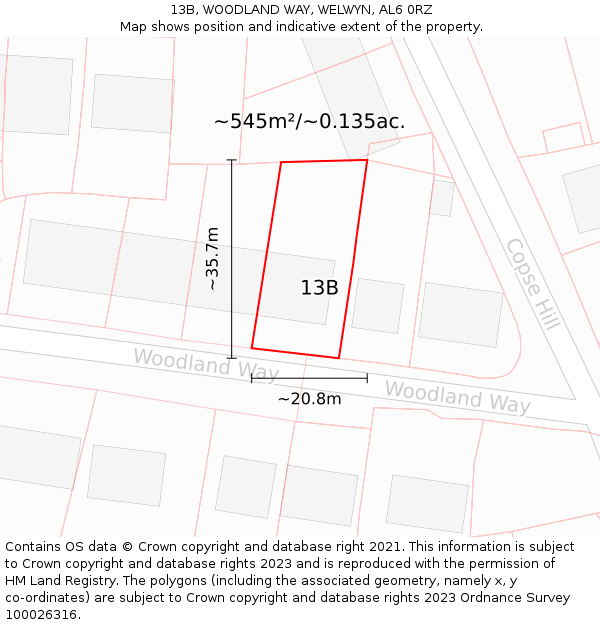 13B, WOODLAND WAY, WELWYN, AL6 0RZ: Plot and title map