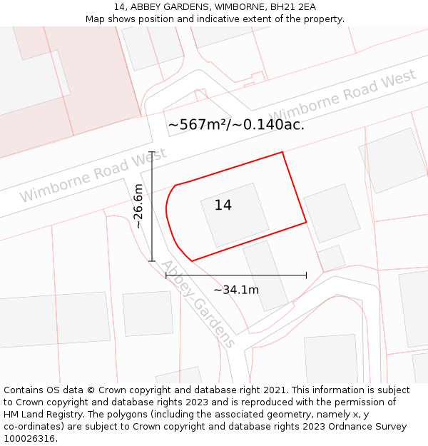 14, ABBEY GARDENS, WIMBORNE, BH21 2EA: Plot and title map