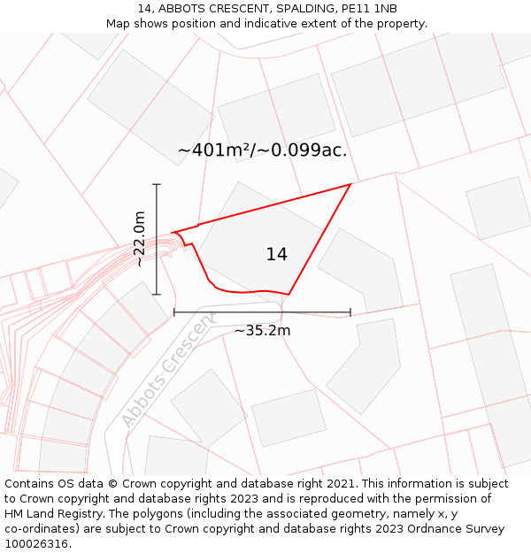 14, ABBOTS CRESCENT, SPALDING, PE11 1NB: Plot and title map