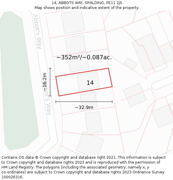 14, ABBOTS WAY, SPALDING, PE11 1JS: Plot and title map