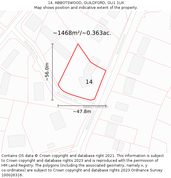 14, ABBOTSWOOD, GUILDFORD, GU1 1UX: Plot and title map