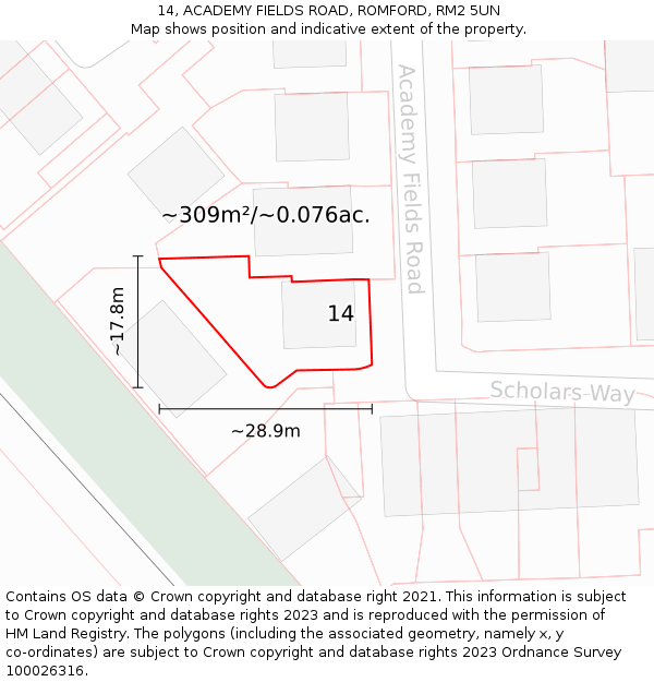 14, ACADEMY FIELDS ROAD, ROMFORD, RM2 5UN: Plot and title map