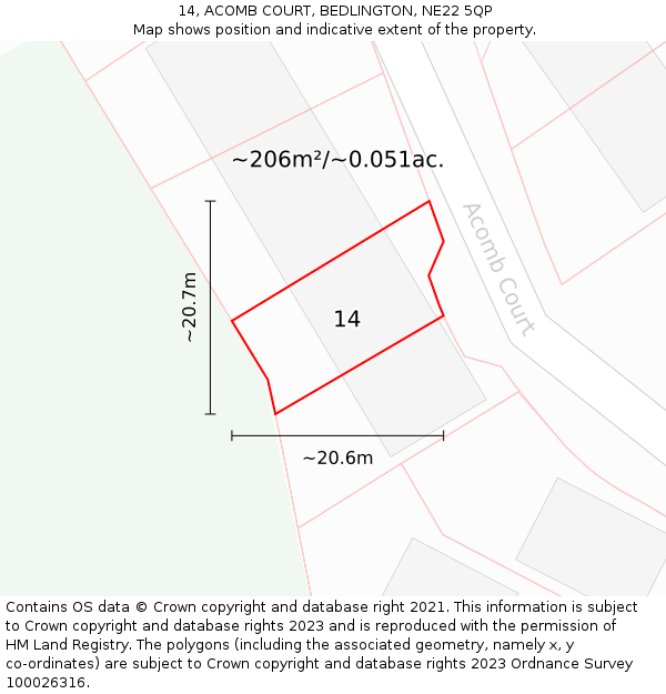 14, ACOMB COURT, BEDLINGTON, NE22 5QP: Plot and title map