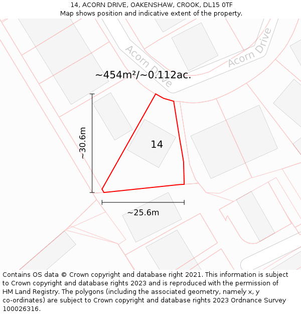 14, ACORN DRIVE, OAKENSHAW, CROOK, DL15 0TF: Plot and title map