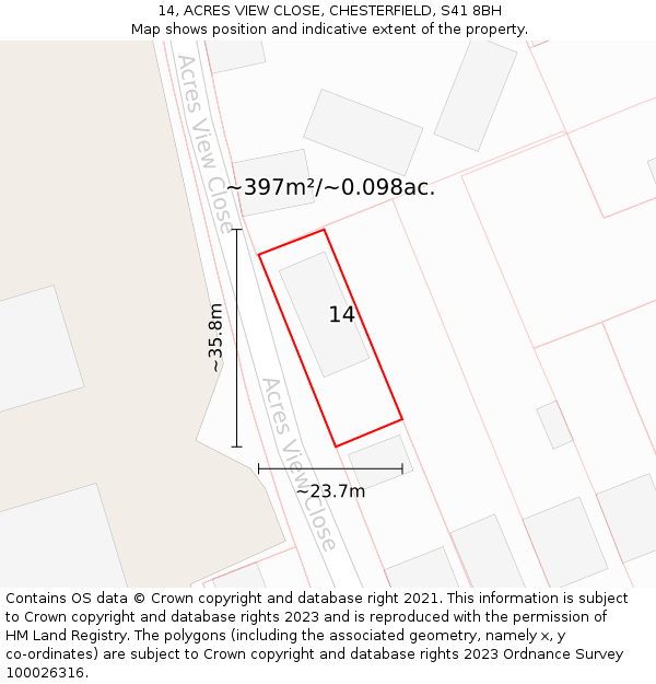 14, ACRES VIEW CLOSE, CHESTERFIELD, S41 8BH: Plot and title map