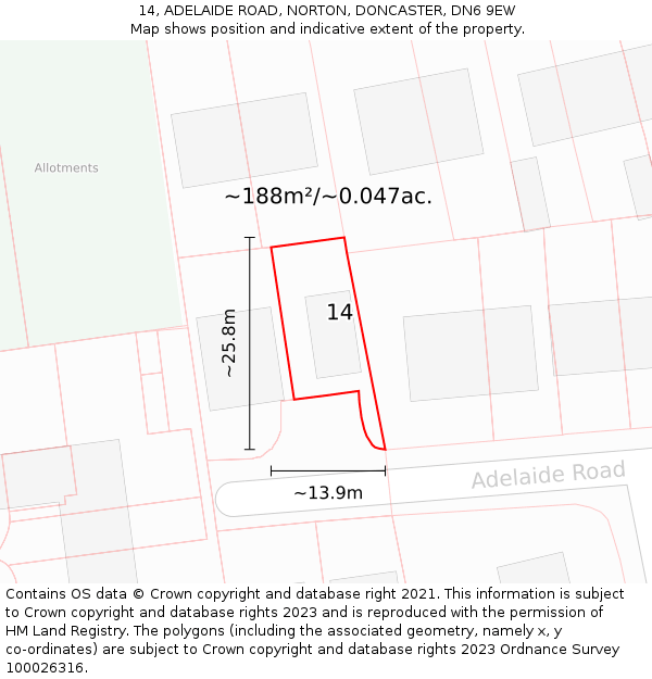 14, ADELAIDE ROAD, NORTON, DONCASTER, DN6 9EW: Plot and title map