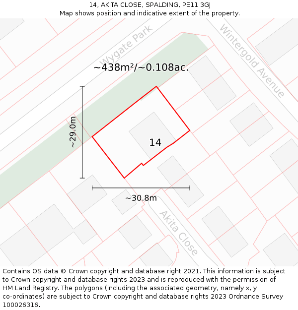 14, AKITA CLOSE, SPALDING, PE11 3GJ: Plot and title map