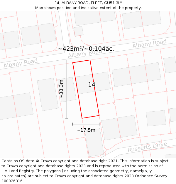 14, ALBANY ROAD, FLEET, GU51 3LY: Plot and title map