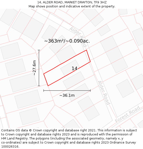 14, ALDER ROAD, MARKET DRAYTON, TF9 3HZ: Plot and title map