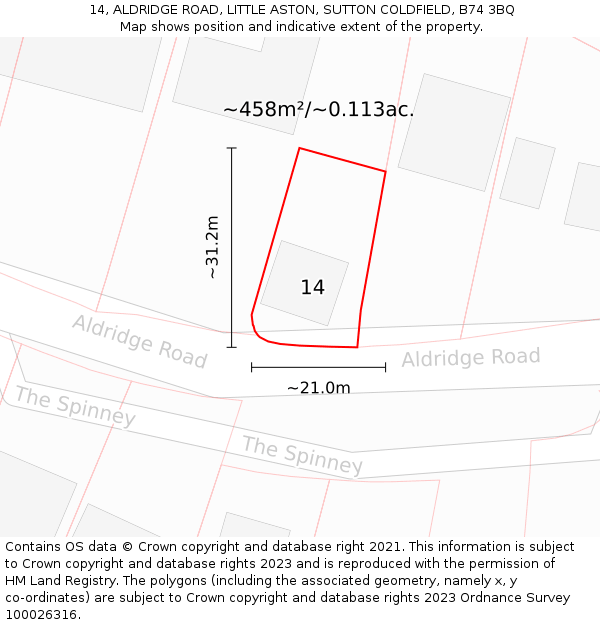 14, ALDRIDGE ROAD, LITTLE ASTON, SUTTON COLDFIELD, B74 3BQ: Plot and title map