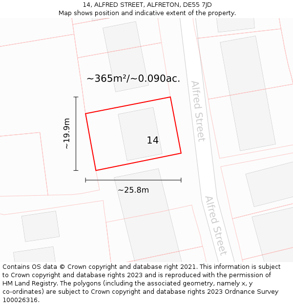 14, ALFRED STREET, ALFRETON, DE55 7JD: Plot and title map