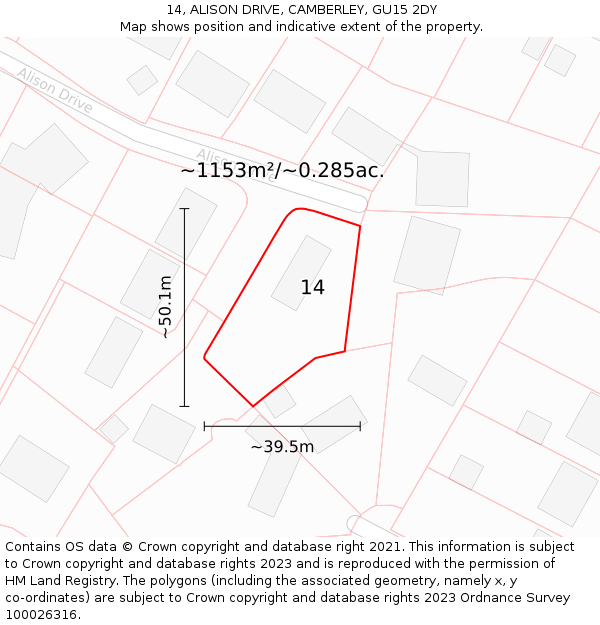 14, ALISON DRIVE, CAMBERLEY, GU15 2DY: Plot and title map