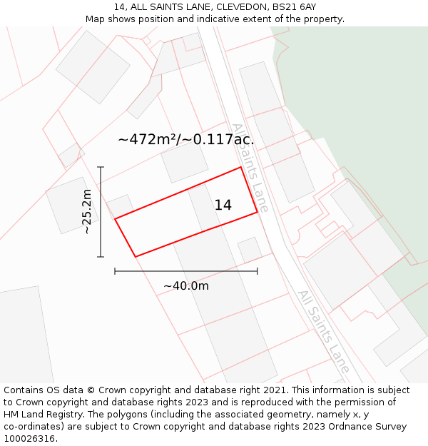 14, ALL SAINTS LANE, CLEVEDON, BS21 6AY: Plot and title map