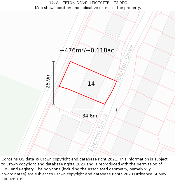 14, ALLERTON DRIVE, LEICESTER, LE3 9EG: Plot and title map