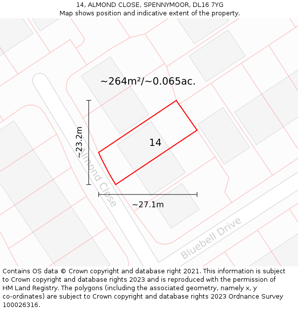14, ALMOND CLOSE, SPENNYMOOR, DL16 7YG: Plot and title map