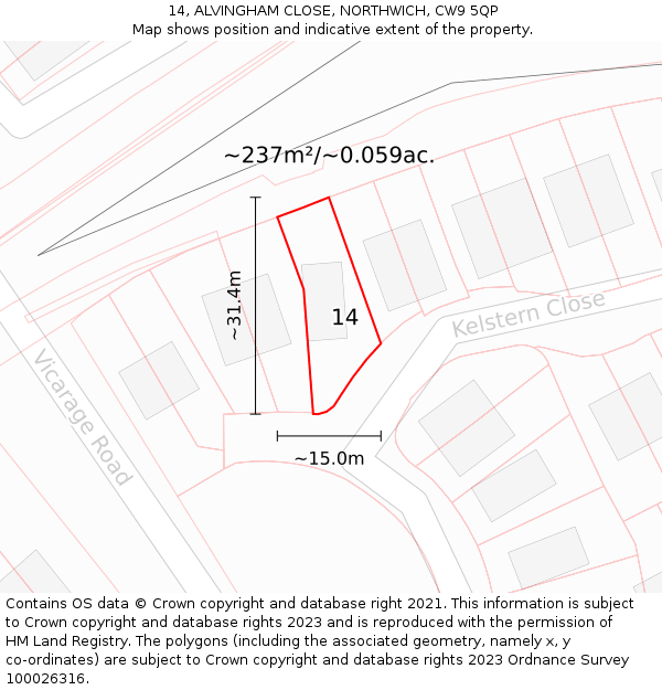 14, ALVINGHAM CLOSE, NORTHWICH, CW9 5QP: Plot and title map