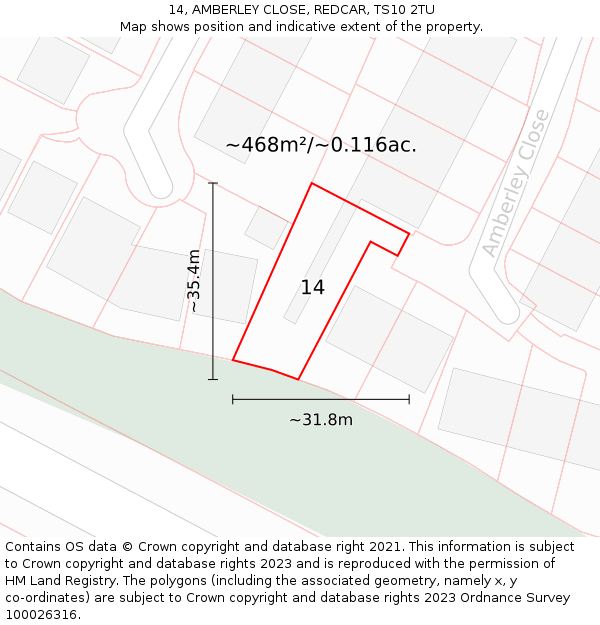 14, AMBERLEY CLOSE, REDCAR, TS10 2TU: Plot and title map