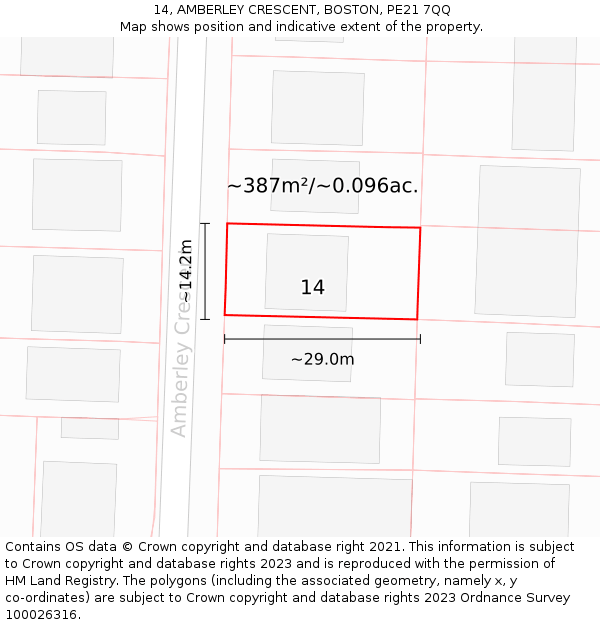 14, AMBERLEY CRESCENT, BOSTON, PE21 7QQ: Plot and title map