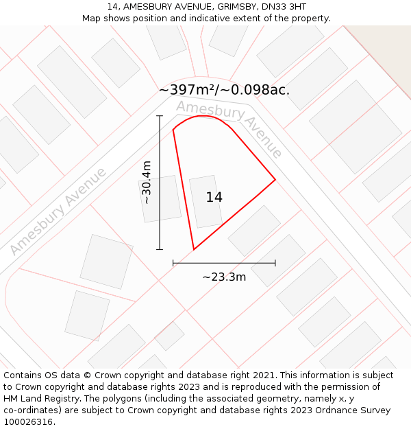 14, AMESBURY AVENUE, GRIMSBY, DN33 3HT: Plot and title map