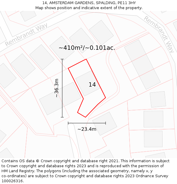 14, AMSTERDAM GARDENS, SPALDING, PE11 3HY: Plot and title map
