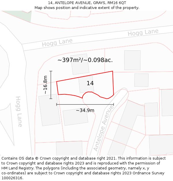 14, ANTELOPE AVENUE, GRAYS, RM16 6QT: Plot and title map