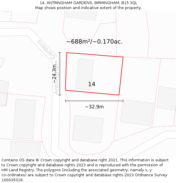 14, ANTRINGHAM GARDENS, BIRMINGHAM, B15 3QL: Plot and title map