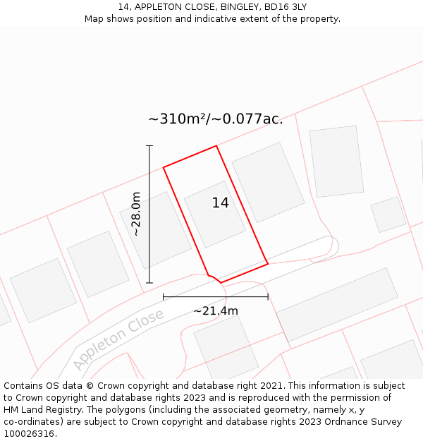 14, APPLETON CLOSE, BINGLEY, BD16 3LY: Plot and title map