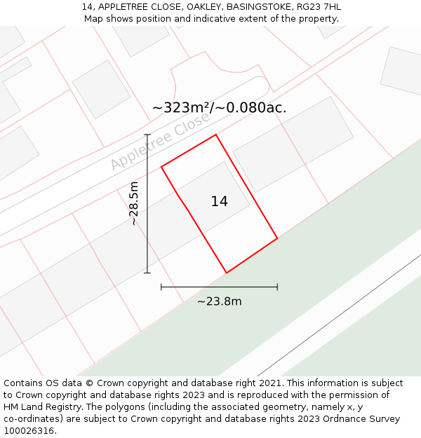 14, APPLETREE CLOSE, OAKLEY, BASINGSTOKE, RG23 7HL: Plot and title map