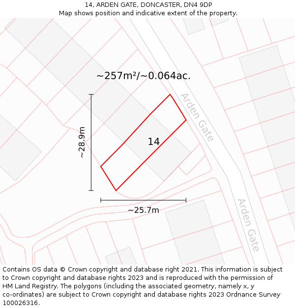 14, ARDEN GATE, DONCASTER, DN4 9DP: Plot and title map