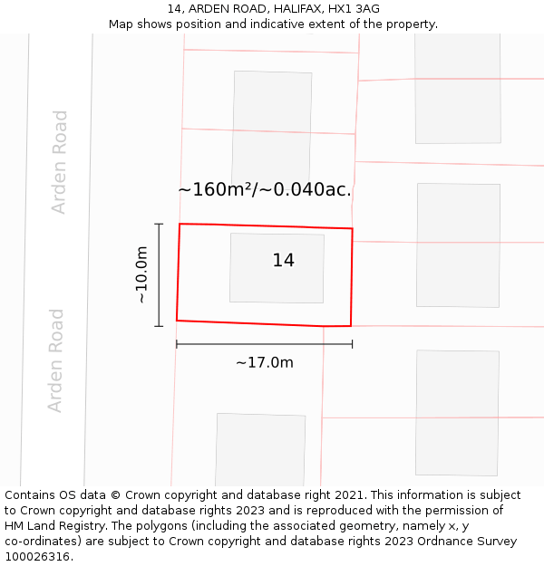 14, ARDEN ROAD, HALIFAX, HX1 3AG: Plot and title map