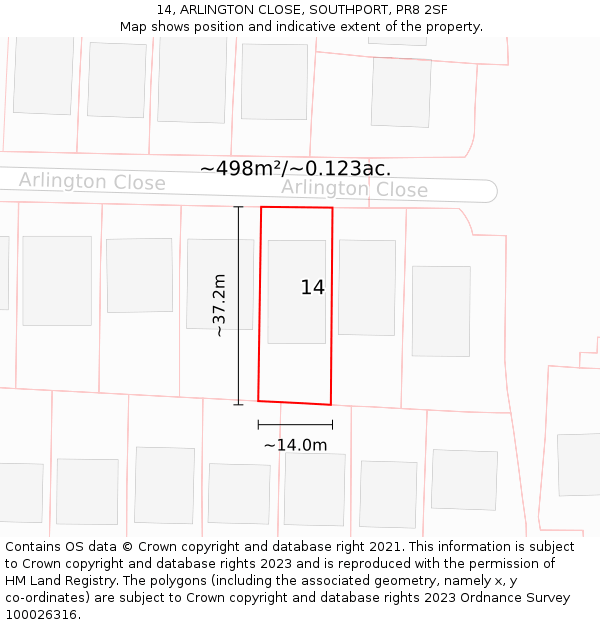 14, ARLINGTON CLOSE, SOUTHPORT, PR8 2SF: Plot and title map