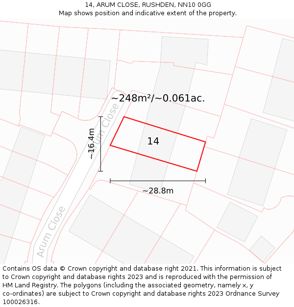 14, ARUM CLOSE, RUSHDEN, NN10 0GG: Plot and title map