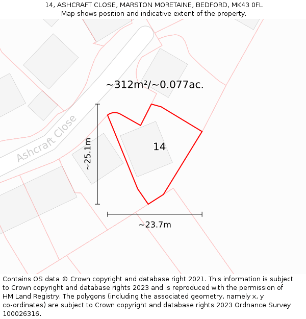 14, ASHCRAFT CLOSE, MARSTON MORETAINE, BEDFORD, MK43 0FL: Plot and title map