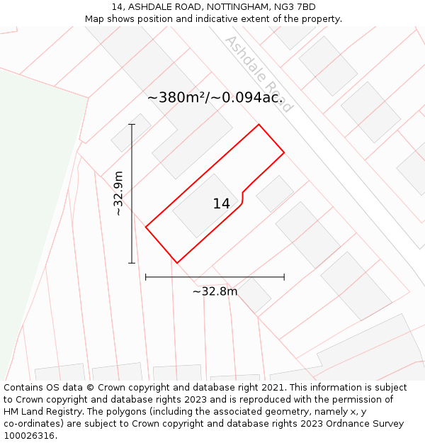 14, ASHDALE ROAD, NOTTINGHAM, NG3 7BD: Plot and title map