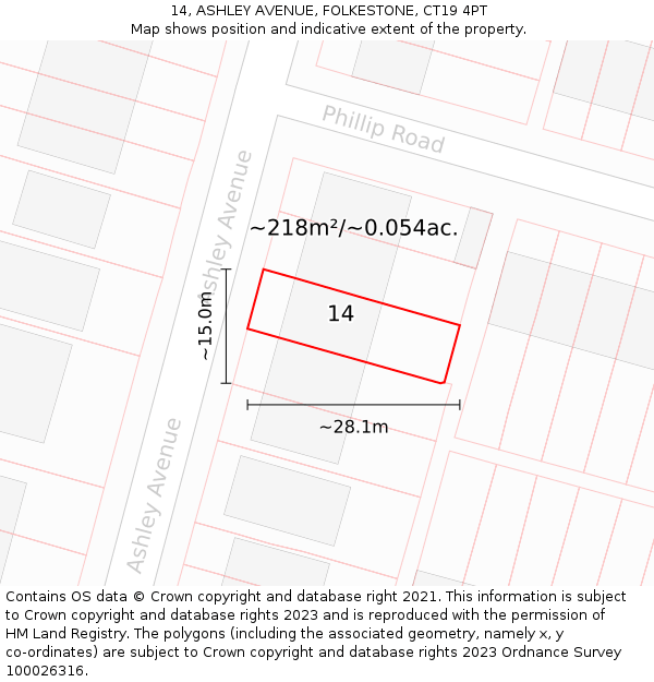 14, ASHLEY AVENUE, FOLKESTONE, CT19 4PT: Plot and title map