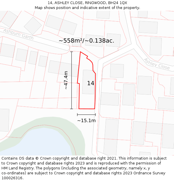 14, ASHLEY CLOSE, RINGWOOD, BH24 1QX: Plot and title map