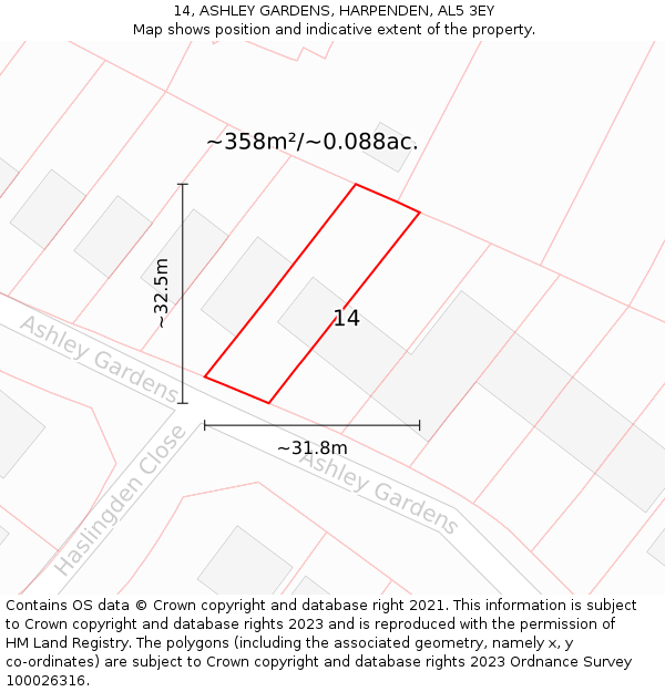 14, ASHLEY GARDENS, HARPENDEN, AL5 3EY: Plot and title map