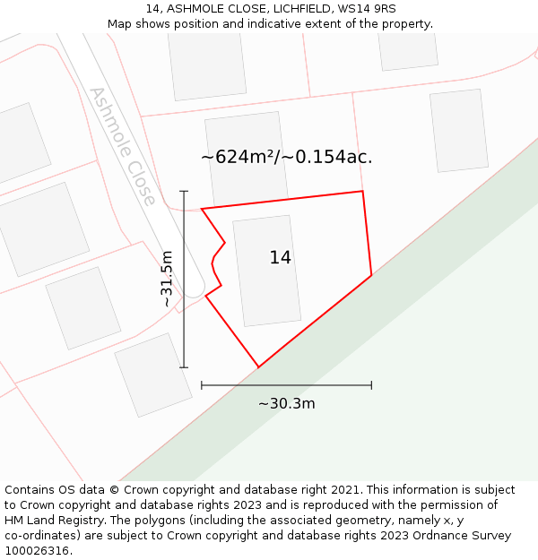 14, ASHMOLE CLOSE, LICHFIELD, WS14 9RS: Plot and title map