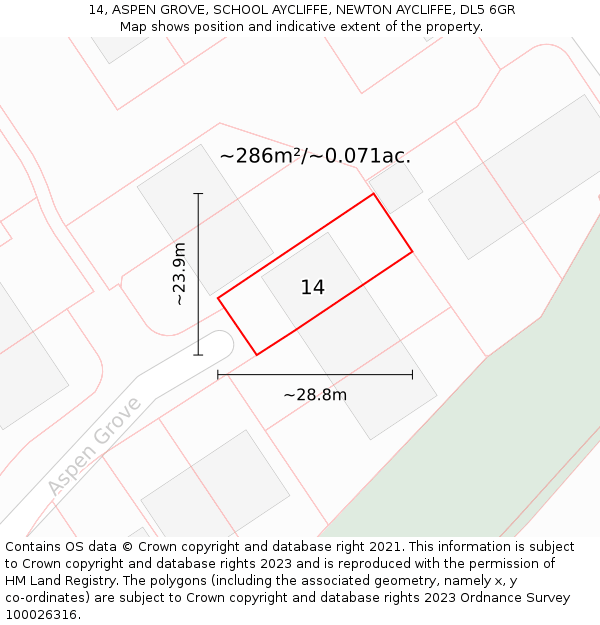 14, ASPEN GROVE, SCHOOL AYCLIFFE, NEWTON AYCLIFFE, DL5 6GR: Plot and title map