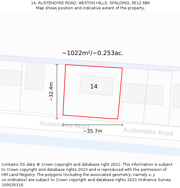 14, AUSTENDYKE ROAD, WESTON HILLS, SPALDING, PE12 6BX: Plot and title map
