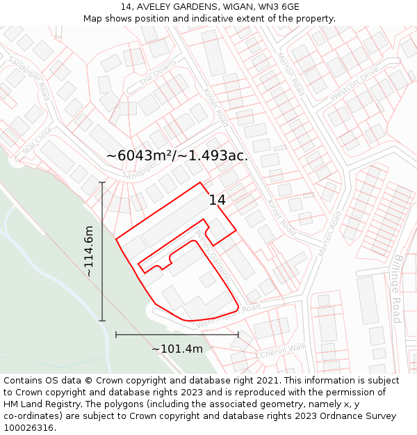 14, AVELEY GARDENS, WIGAN, WN3 6GE: Plot and title map