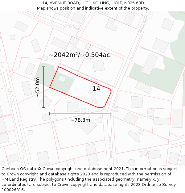 14, AVENUE ROAD, HIGH KELLING, HOLT, NR25 6RD: Plot and title map