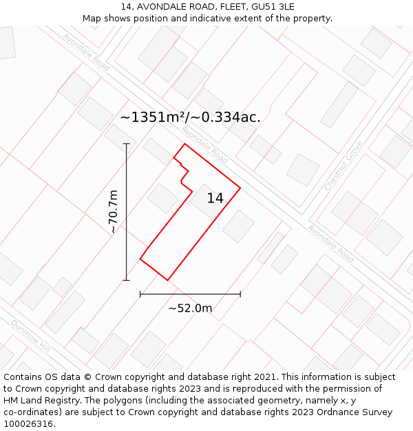 14, AVONDALE ROAD, FLEET, GU51 3LE: Plot and title map