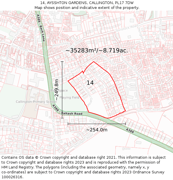 14, AYSSHTON GARDENS, CALLINGTON, PL17 7DW: Plot and title map