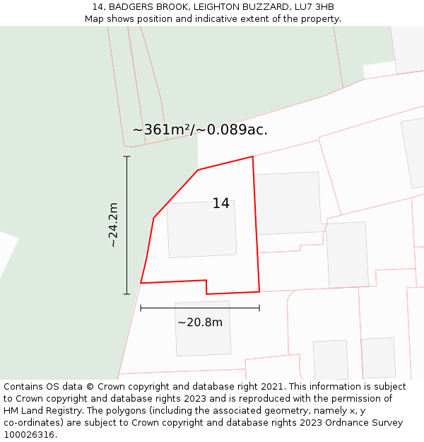 14, BADGERS BROOK, LEIGHTON BUZZARD, LU7 3HB: Plot and title map