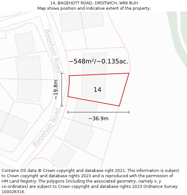 14, BAGEHOTT ROAD, DROITWICH, WR9 8UH: Plot and title map